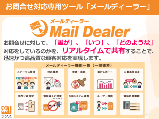 お問合せ対応専⽤ツール「メールディーラー」Mail Dealer
お問合せに対して、「誰が」、「いつ」、「どのような」対応をしているのかを、リアルタイムで共有することで、迅速かつ⾼品質な顧客対応を実現します。