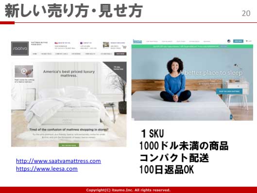 新しい売り方・見せ方 1SKU 1000ドル未満の商品
コンパクト配送 100日返品OK http://www.saatvamattress.com
https://www.leesa.com