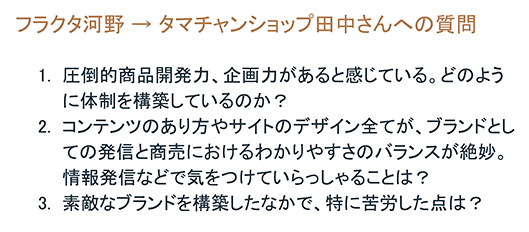 タマチャンショップ フラクタ 対談 フラクタ河野氏からタマチャンショップ田中氏への質問