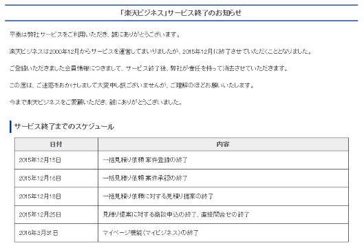 楽天は楽天ビジネスを2015年12月中に終了させる