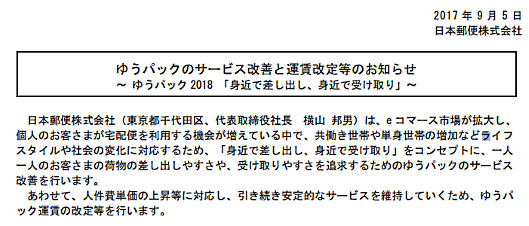 日本郵便は宅配サービス「ゆうパック」の運賃を2018年3月1日に値上げすると発表