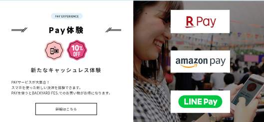 「BACKYARD FES.2018（バックヤードフェス）」に、キャッシュレス決済「楽天ペイ」「Amazon Pay」「LINE Pay」が登場