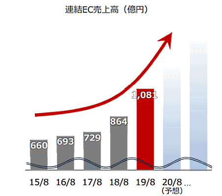ビックカメラの2019年8月期連結決算におけるグループのEC売上高は、前期比約25%増の1081億円