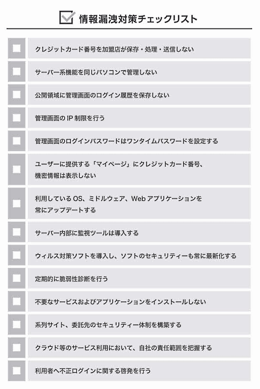 カード情報、個人情報漏えい対策リスト