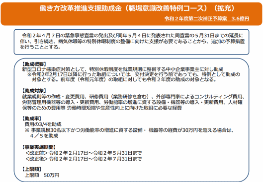 新型コロナウイルス感染症対策の1つとして、病気休暇制度、子どもの休校・休園に関する特別休暇制度を整備し、従業員が安心して休める環境を整備する事業者への助成制度「働き方改革推進支援助成金」（職場意識改善特例コース）に関し、厚生労働省は交付申請期限を7月29日まで延長する