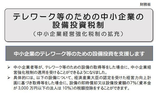 テレワーク 助成金 新型コロナウイルス 税制優遇 補助金 中小企業経営強化税制の拡充
