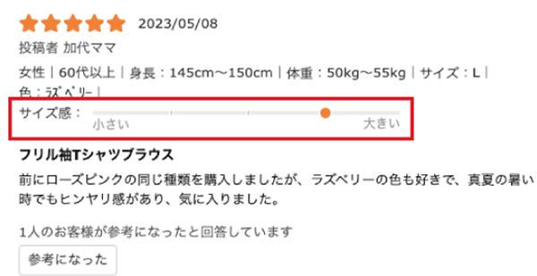 ベルーナ ベルーナオンラインストア ZETA VOICE サイズ感をグラフで表示