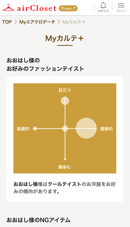 エアークローゼット airCloset 月額会員プログラム「エアクロプライム」 Myカルテ＋の画面例