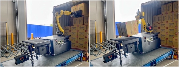 コンテナから荷降ろしする「RockyOne（吸着時）」（左）、コンテナから荷降ろしする「RockyOne（リリース前）」 （右）