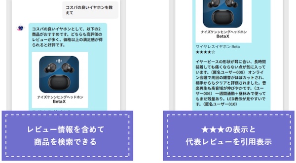 レビュー情報からの商品検索イメージ（左）、レビュー情報の要約イメージ（右）